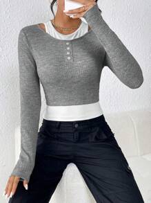 SHEIN Essnce 露肩拼色兩件式t恤 - 彩色 - 查看 4