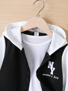 SHEIN Young Boy Letter Graphic Two Tone Hooded Jacket & Sweatpants Without Tee - Multicolor - View 3