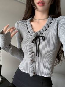 DAZY Solid Frill Trim Tie Front Crop Cardigan,Long Sleeve Tops,Fall Clothes