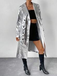 Allurite 雙排釦腰帶金屬質感風衣外套 - 銀色 - 查看 6