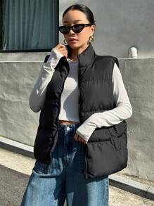 DAZY Zip Up Padded Vest Thick Pockets Coat, Ladies Late Fall Casual Pocket, Zipper Funnel Neck Loose Black Plain Women Coats, Winter Warmth/ Winter Fashion, Winter Women Padded Coat Jacket - Black - View 4