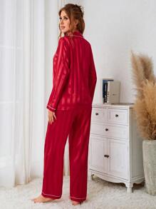 Striped Contrast Binding Satin PJ Set / Pajama Set, Fall Winter Clothes Cozy And Elegant Details - Red - View 2