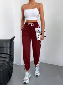 EURMUSE Pantalón de chándal con cintura con cordón y costuras laterales a contraste - Burdeos - Ver 3