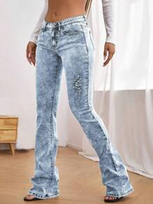 SHEIN ICON 破洞抽鬚牛仔喇叭褲 - 淺色水洗藍 - 查看 3