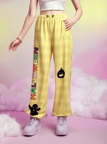 SHEINNeu Plaid Letter & Cartoon Graphic Drawstring Waist Sweatpants - Multicolor - View 4
