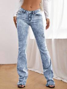 SHEIN ICON 破洞抽鬚牛仔喇叭褲 - 淺色水洗藍 - 查看 1