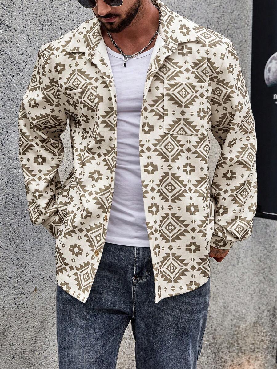 Manfinity Homme 男士大码滿版幾何圖案前排扣襯衫式夾克 - 彩色 - 查看 1