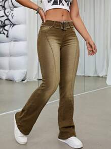 SHEIN ICON Buckle Belted Flare Leg Jeans - Brown - View 3