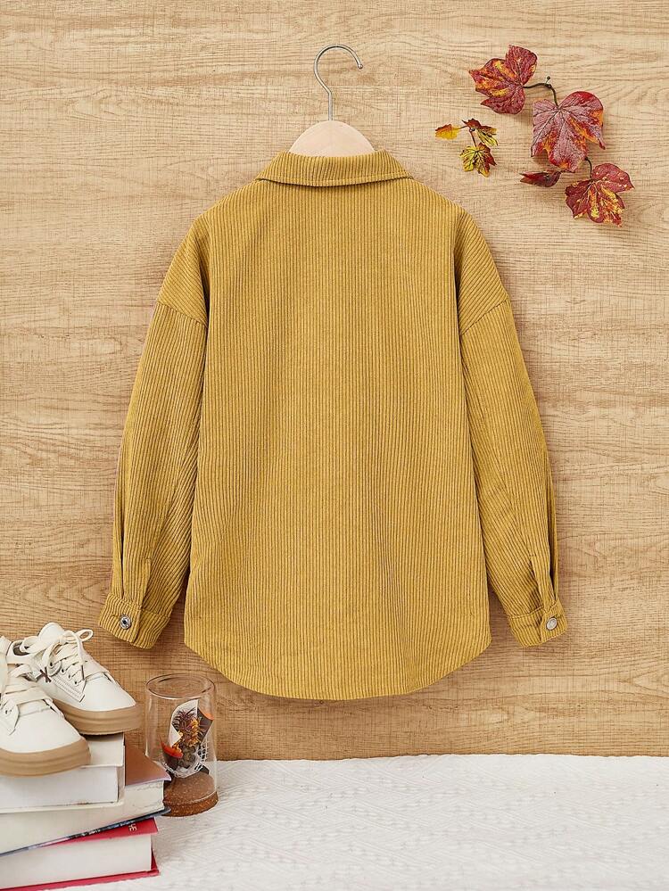 Tween Girl Letter Patched Flap Pocket Corduroy Coat