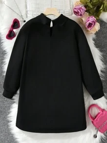 SHEIN 女大童人物和字母圖案加絨內裏衛衣洋裝 - 黑色 - 查看 2