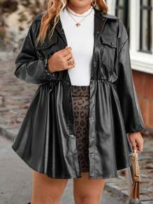 SHEIN Clasi Plus Drop Shoulder Flap Pocket Leather Look Coat - Black - View 3