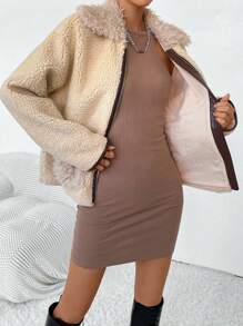 SHEIN Essnce 女式毛领落肩大衣 - 杏色 - 查看 7