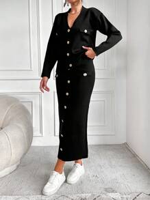 EURMUSE 實色鈕扣裝飾修身針織毛衣2入組