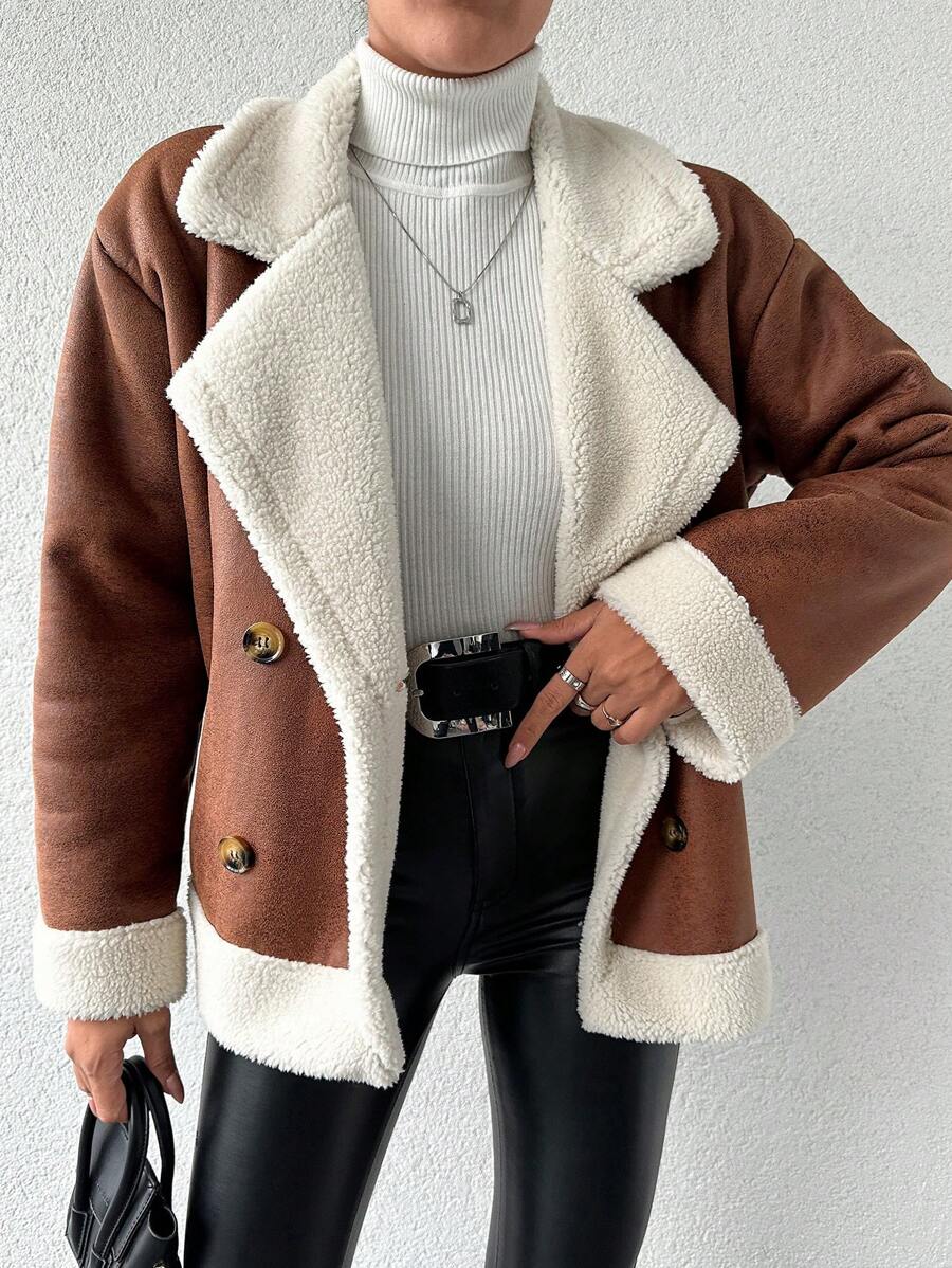 EURMUSE Manteau Pour Femmes En Peluche À Double Boutonnage Avec Patchwork Et Col À Revers - Marron - Voir 1