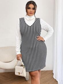 SHEIN Privé 大碼兩件套套裝:千鳥格印花無袖洋裝和POLO衫 - 黑與白 - 查看 1