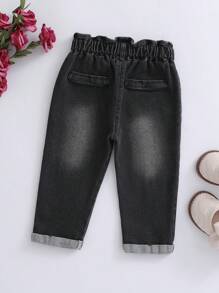 Baby Girl Paperbag Waist Ripped Roll Up Hem Jeans - Black - View 2