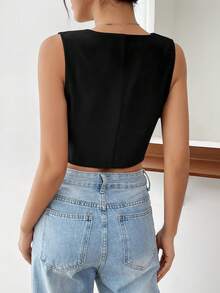SHEIN EZwear Solid Button Front Crop Vest Blazer - Black - View 2