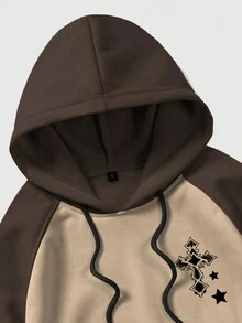 ROMWE MEN Street Life 男士翅膀&標語圖案插肩袖抽繩加絨內裏連帽衫 - 彩色 - 查看 3