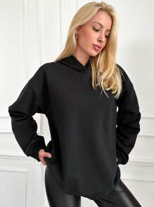 EURMUSE Slogan Graphic Drop Shoulder Hoodie - Black - View 5