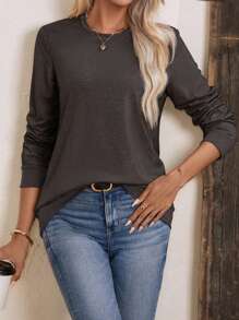 SHEIN LUNE Chất rắn Vòng cổ Áo nỉ - Màu xám đen - Xem 3