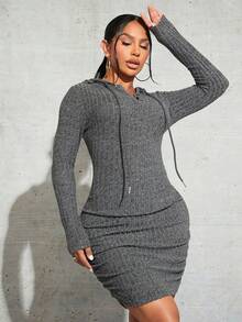 SHEIN SXY Dệt kim áo có mũ Dây rút Váy bodycon - Màu xám đen - Xem 3