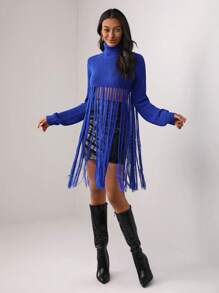 MAY‘G Designer Fringe Hem Turtleneck Sweater, For Holiday - Royal Blue - View 1