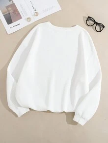 SHEIN EZwear 大碼人像圖案加絨內裏運動衫 - 白色 - 查看 2