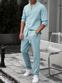 Manfinity 男士純色系扣襯衫和抽繩褲 - 藍色 - 查看 5