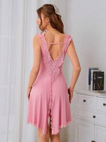 蕾絲拼接後背開衩睡裙 - 粉色 - 查看 1