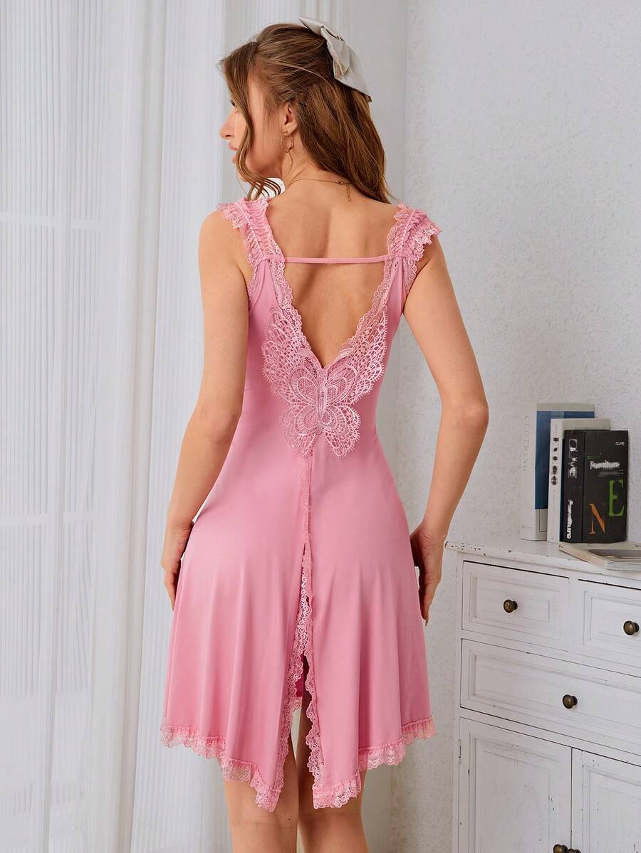 蕾絲拼接後背開衩睡裙 - 粉色 - 查看 1