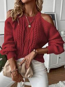 SHEIN LUNE Cold Shoulder Cable Knit Sweater - Red - View 4