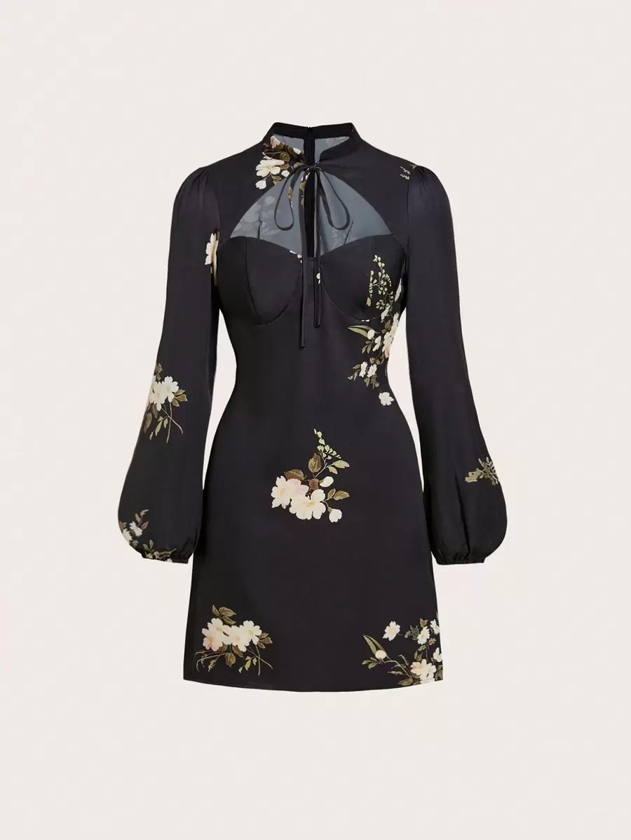 Sweetra Floral Print Tie Neck Lantern Sleeve Dress - Black - View 1