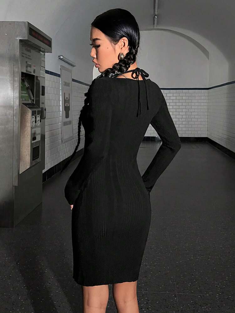 Buckle Detail Halter Neck 2 in 1 Sweater Dress