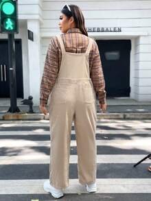 Flirla Plus Solid Patch Pocket Cord Overall Jumpsuit Without Shirt - Khaki - View 3