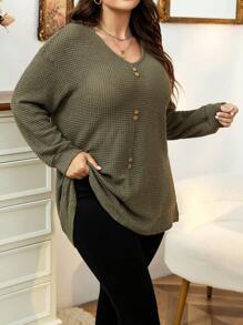 Calvaya Plus Button Front Drop Shoulder Tee - Army Green - View 1