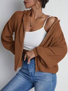 EURMUSE Drop Shoulder Zip Up Hooded Cardigan - Mocha Brown - View 5