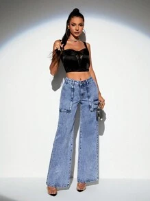 SHEIN BAE High Waist Wide Leg Jeans - Blue - View 3