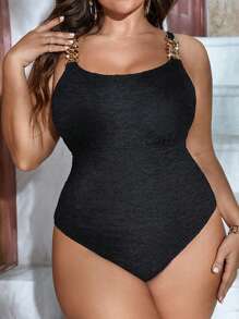 SHEIN Swim Curve Plus Chain Detail One Piece Swimsuit - Black - View 1