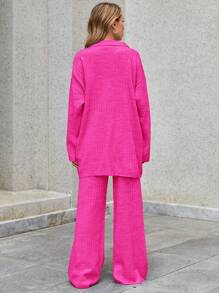 EURMUSE Women'S Drop Shoulder Button-Front Sweater + Pants Two-Piece Set - Pink - View 2