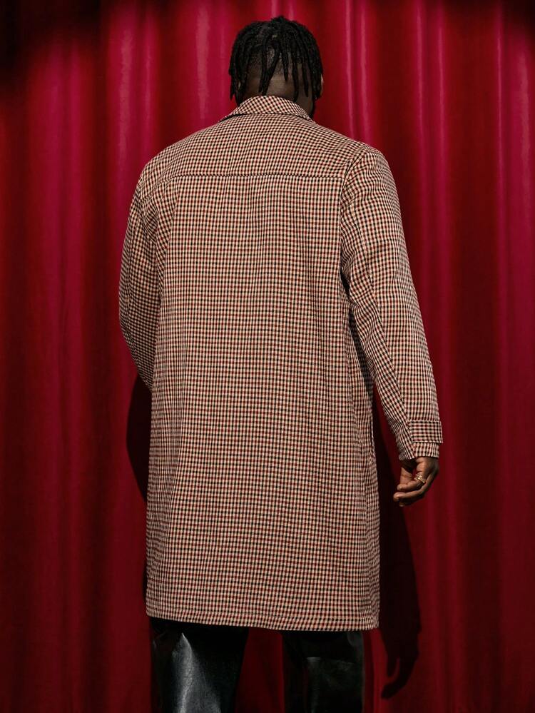 Plus Size Men's Loose Plaid Print Single Breasted Trench Coat, For Fall Winter