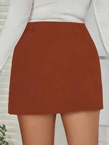 Flirla 大碼翻蓋口袋金屬圓環前拉鍊燈芯絨半身裙 - 棕色 - 查看 2