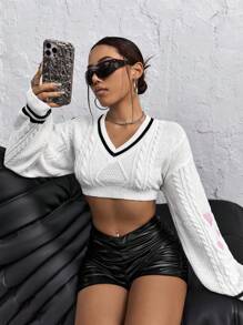 SHEIN ICON Crop Pullover mit Herz Stickerei, Streifen Zopfstrick Drop Shoulder - Weiss - Übersicht 6