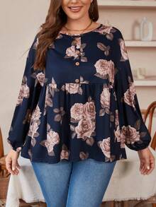 SHEIN LUNE Plus Size Floral Pattern Long Sleeve T-shirt - Multicolor - View 3