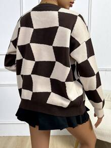 Flirla Checker & Cartoon Pattern Drop Shoulder Cardigan - Multicolor - View 2