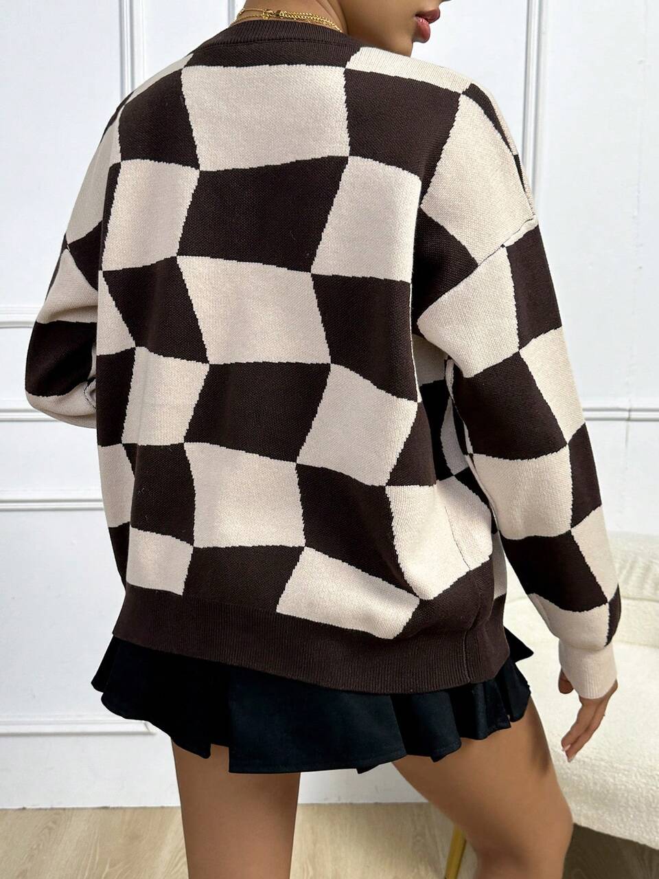 Checker & Cartoon Pattern Drop Shoulder Cardigan