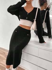 SHEIN Unity con botón delantero Cárdigan crop & Falda de punto sin top tank - Negro - Ver 1