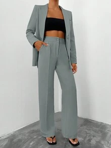 SHEIN 高個女款灰色素色披肩領長袖西裝外套與高腰長褲休閒套裝,附口袋細節 - 灰色 - 查看 4