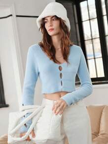 Solid Button Front Crop Fluffy Sweater - Baby Blue - View 5