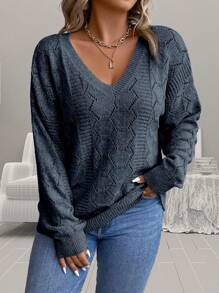 SHEIN LUNE Plus Pointelle 针织落肩套头毛衣秋冬毛衣 - 寶藍色 - 查看 5