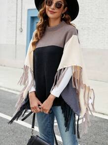 Chiquease Color Block Fringe Trim Batwing Sleeve Mock Neck Poncho Knit Pullover Fall Winter Sweater - Multicolor - View 3